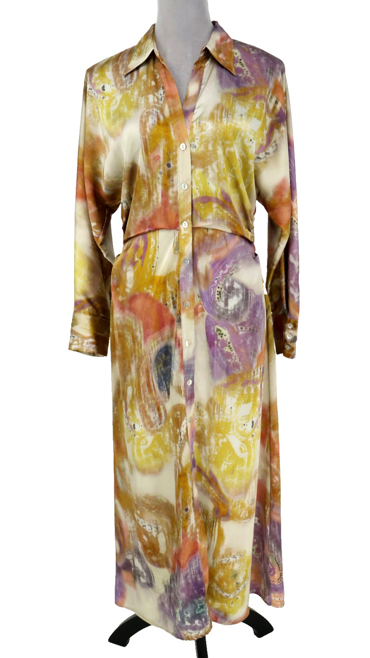 Zara Dress Womens Medium Gold Purple Satin Maxi Shirtdress Dolman Sleeves